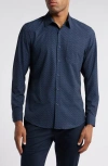 Nordstrom Foulard Print Long Sleeve Stretch Cotton Blend Button-up Shirt In Navy Blue - Teal Square Geo