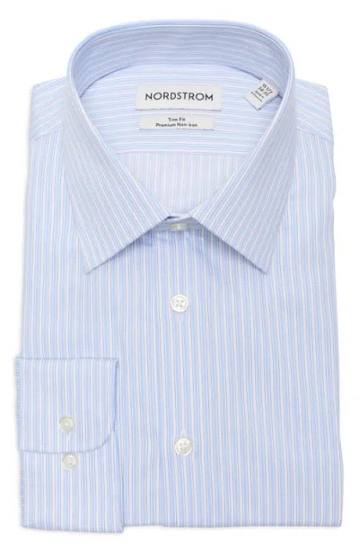 Nordstrom Trim Fit Stripe Premium Non Iron Cotton Button-up Shirt In Blue