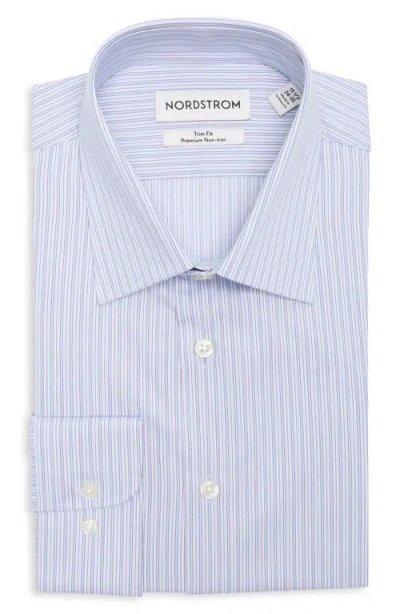 Nordstrom Trim Fit Stripe Premium Non-iron Cotton Dress Shirt In Blue