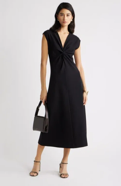 Nordstrom Twist Front Cap Sleeve Midi Dress In Black