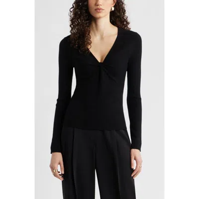 Nordstrom Twist Front Detail Merino Wool Blend Sweater In Black