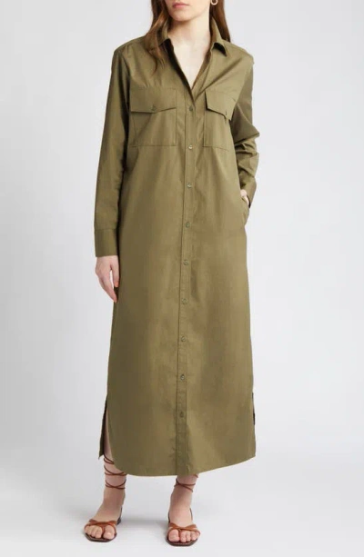 Nordstrom Two Pocket Long Sleeve Cotton Shirtdress In Olive Burnt