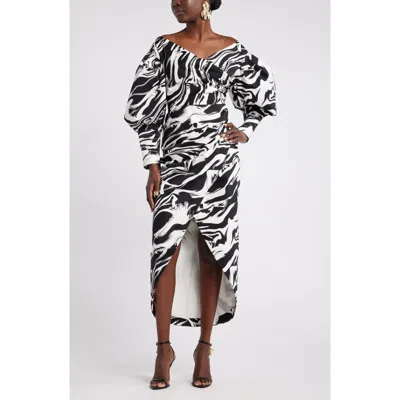 Nordstrom X Harlem's Fashion Row Megan Renee Off The Shoulder Long Sleeve Dress In Black- Ivory Encaust Abstract