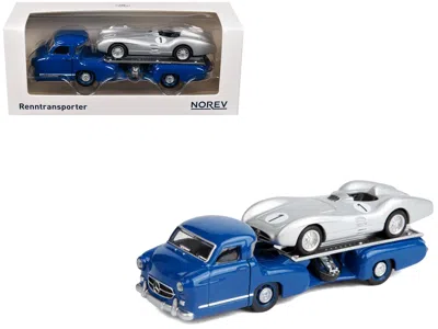 Norev Mercedes-benz Renntransporter Flatbed Truck Blue And 1954 Mercedes-benz W196 #1 Silver Metallic 1/64