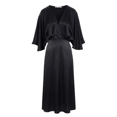 Noria Anis Women's Dhalia Viscose Satin Midi Dress With V-neck And Batwing Sleeves In Black