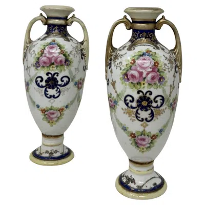 Pre-owned Noritake Antique Pair Japanese  Hand Painted Vases Urns Centerpieces Pink Roses