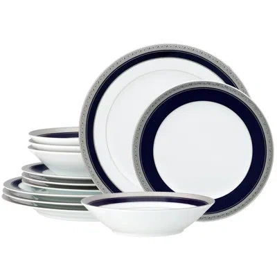 Noritake Crestwood Cobalt Platinum 12-piece Dinnerware Set, Service For 4 In Platinum,blue,white