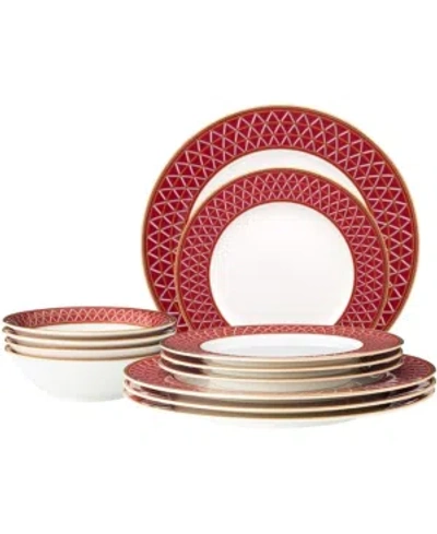 Noritake Crochet 12- Pc Dinnerware Set, Service For 4 In Deep Red And Gold