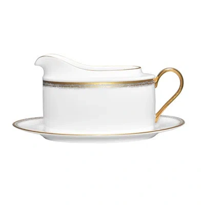 Noritake Haku Gravy Boat With Tray In White;gold