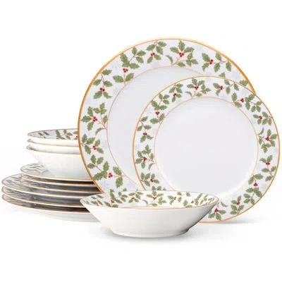 Noritake Holly And Berry Gold 12-piece Dinnerware Set, Servicer For 4 In White;gold;red,green