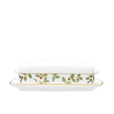 Noritake Holly And Berry Gold Covered Butter Dish, 8" In White;green;red