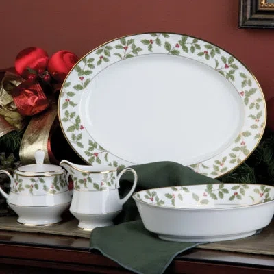 Noritake Holly & Berry Gold Oval Platter In White;green;red