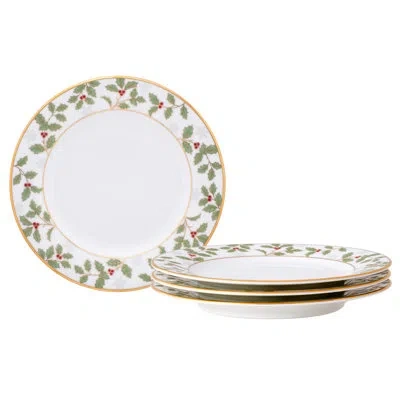 Noritake Holly & Berry Gold Set Of 4 Bread & Butter/appetizer Plates, 6-1/4" In White;green;red