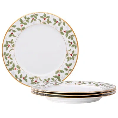 Noritake Holly & Berry Gold Set Of 4 Dinner Plates, 10-1/2" In White;green;red