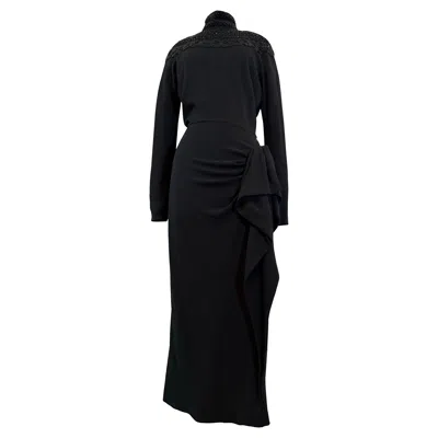 Pre-owned Norma Kamali 1980s  Rayon Crepe 40s-inspired Black Dress W Beaded Shoulder Yoke