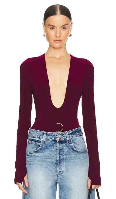 Norma Kamali X Revolve Long Sleeve Deep U Neck Bodysuit In 绛紫色