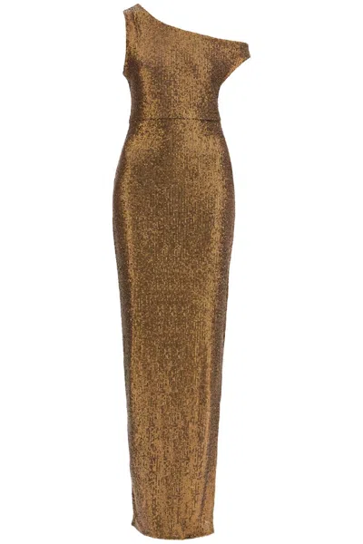 Norma Kamali Abito Lungo Monospalla Con Spacco Bronzo Scintillante In Brown