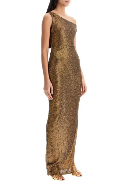 Norma Kamali Metallic One-shoulder Long Dress With Sequin Decorations In Brown