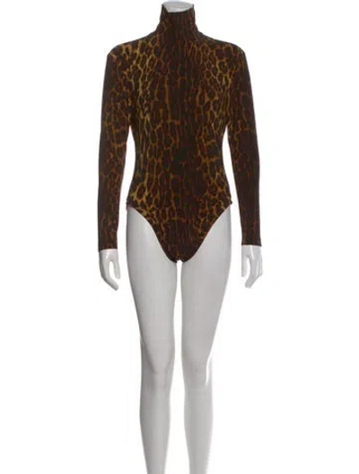 Pre-owned Norma Kamali Animal Print Turtleneck Bodysuit In Brown
