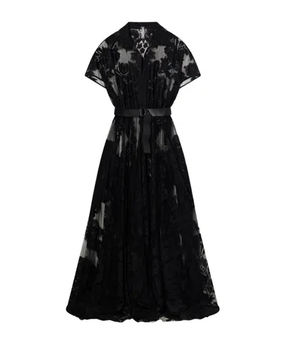 Norma Kamali Belted Embroidered Mesh Gown In Black