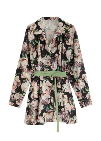 Norma Kamali Belted Floral-print Shell Mini Dress In Pink