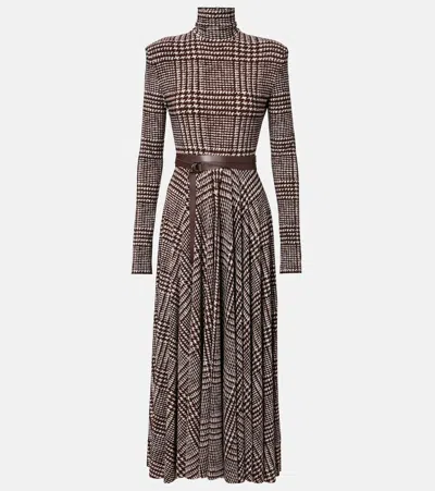 Norma Kamali Belted Houndstooth Turtleneck Midi Dress In Brown