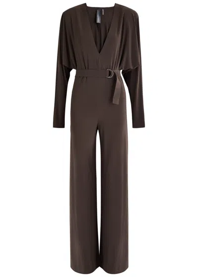 Norma Kamali Belted Wide-leg Stretch-jersey Jumpsuit In Dark Brown