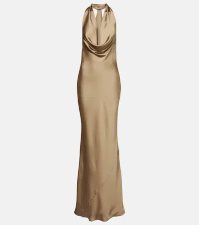 Norma Kamali Bias Draped Halterneck Satin Gown In Sand