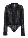 Norma Kamali Black Bodysuit With Plunging V Neck And All-over Floral Embroidery In Tech Fabric Stretch Woman In Black