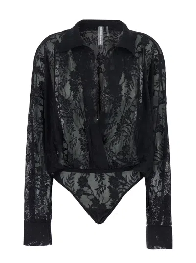 Norma Kamali Black Bodysuit With Plunging V Neck And All-over Floral Embroidery In Tech Fabric Stretch Woman