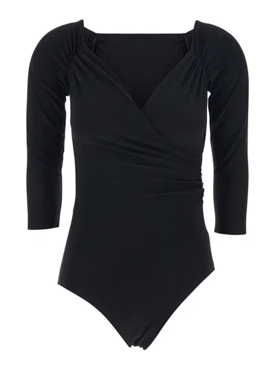 NORMA KAMALI BLACK BODYSUIT WITH SWEETHEART NECKLINE IN TECH FABRIC STRETCH WOMAN
