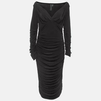 Norma Kamali Black Draped Jersey Long Sleeve Tara Midi Dress