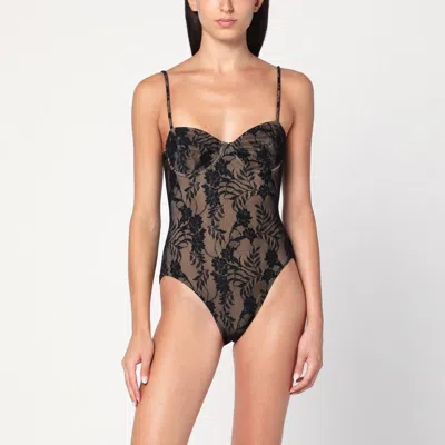 Norma Kamali Lace Floral Bodysuit Sheer Spaghetti Straps In Black