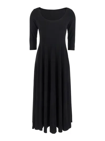 NORMA KAMALI BLACK LONG DRESS WITH ROUND NECK AND FLARED SKIRT IN TECH FABRIC STRETCH WOMAN