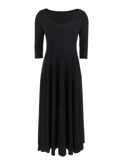 Norma Kamali Black Long Dress With Round Neck And Flared Skirt In Tech Fabric Stretch Woman In Blue