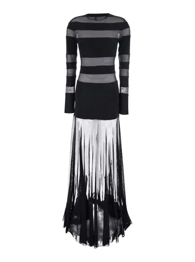 NORMA KAMALI BLACK LONG DRESS WITH SEMI-SHEER DESIGN AND FLARED SKIRT IN TECH FABRIC WOMAN