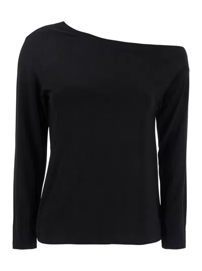 NORMA KAMALI BLACK OFF-SHOULDER TOP IN TECH FABRIC STRETCH WOMAN