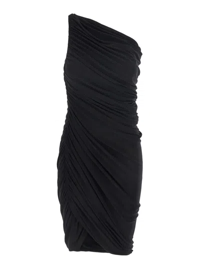 NORMA KAMALI BLACK ONE-SHOULDER DRESS WITH ASYMMETRIC NECKLINE AND ALL-OVER RUCHES IN TECH FABRIC STRETCH WOMAN