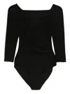 Norma Kamali Draped Black Bodysuit Top With Deep V-neckline In Black