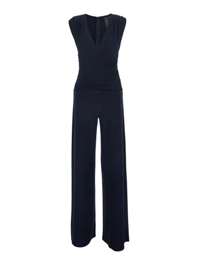 Norma Kamali Blue Jumpsuit With V-neck And Ruffle Design In Stretch Fabric Woman