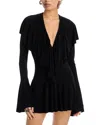 Norma Kamali Long Sleeve Deep V Ruffle Mini Dress Dresses Black In Black