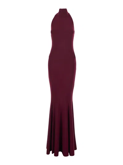 Norma Kamali Bordeaux Long Dress With Halterneck In Tech Fabric Stretch Woman In Burgundy