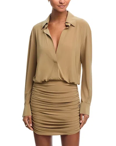 Norma Kamali Boyfriend Neck Shirred Skirt Dress In Brown