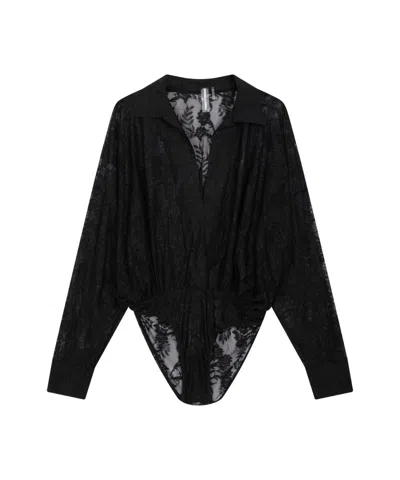 Norma Kamali Embroidered Stretch-lace Bodysuit In Black