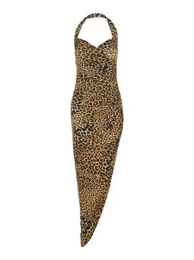 Norma Kamali Brown Dress With Leopard Motif And Side Slit In Brown Tech Fabric Woman In Cheetah Patch