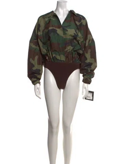 Pre-owned Norma Kamali Camouflage Print Long Sleeve Bodysuit In Green