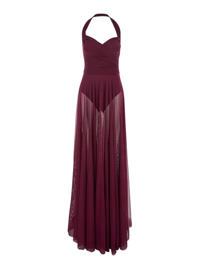 Norma Kamali Cayla Bordeaux Long Dress With Halterneck And Flared Skirt In Tech Fabric Stretch Woman In Burgundy