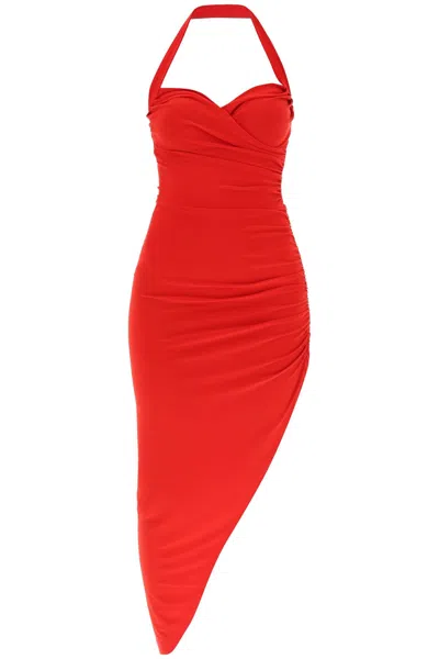 Norma Kamali Cayla Halterneck Ruched Midi Dress In Tiger Red