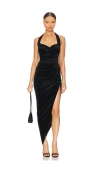 Norma Kamali Cayla Halter Sweetheart Asymmetrical Side Drape Midi Dress In Black