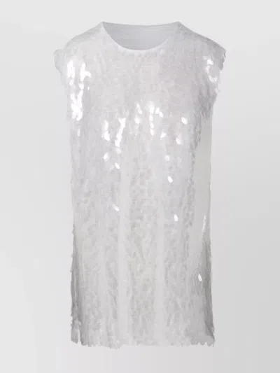 Norma Kamali Crewneck Top Sequin Embellishment Sleeveless Textured Fabric In White